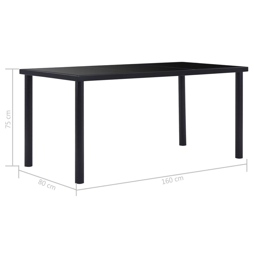 Eettafel Robert 160x80x75 cm gehard glas zwart met metalen poten