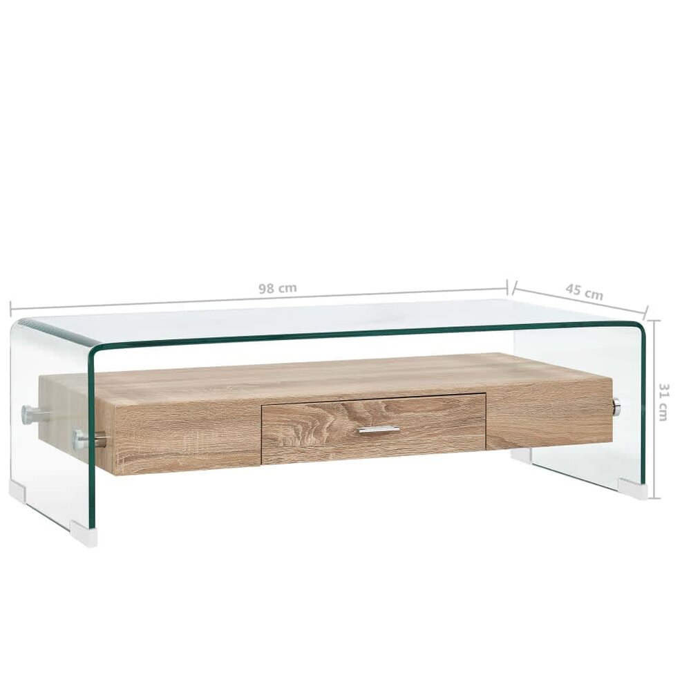 Salontafel James 98x45x31 cm gehard glas transparant met houten onderblad