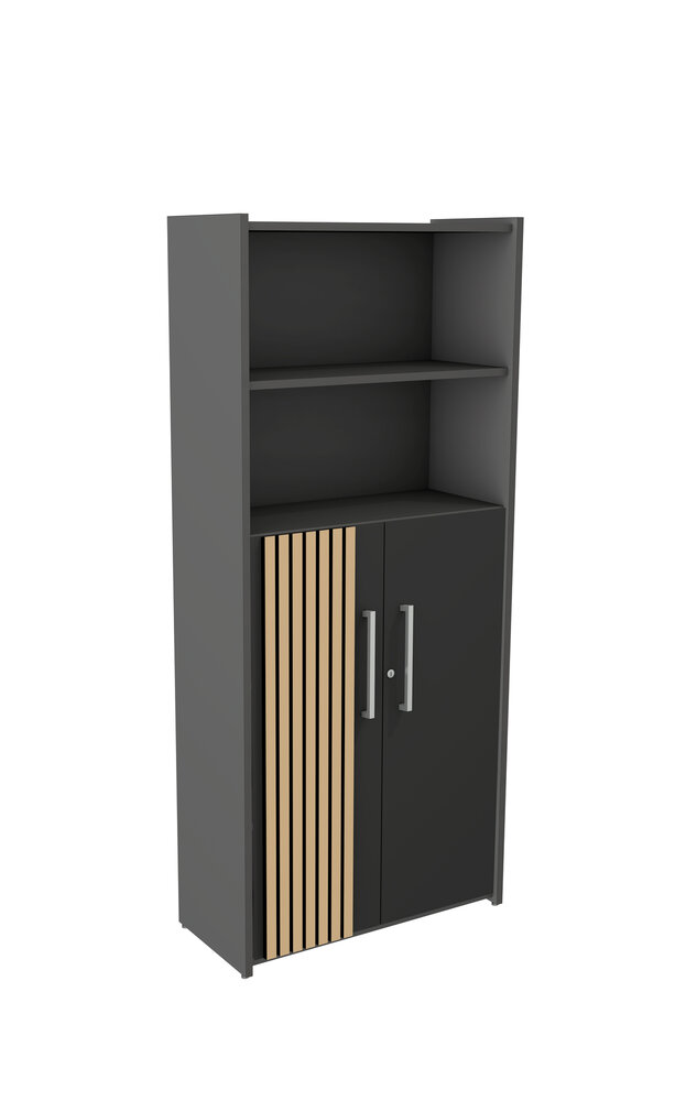 Half-open kantoorkast Oxford antraciet met eiken latjes en open vakken