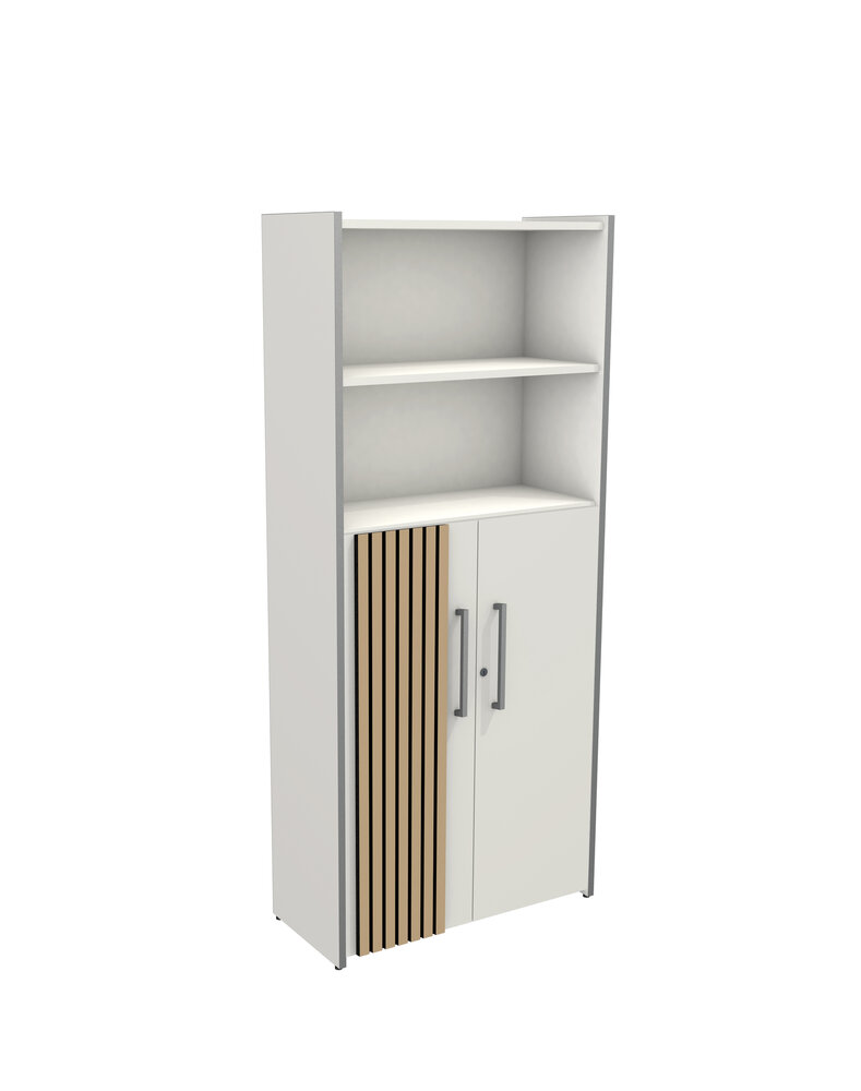 Witte kantoorkast Oxford half-open met eiken latjes en open vakken bovenin