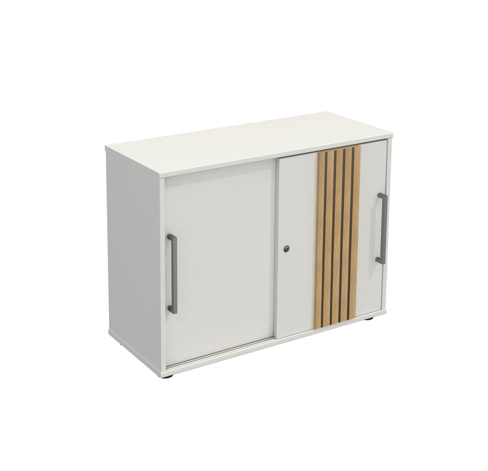 Compact wit kantoorsideboard Oxford 100cm breed met akoestische eiken latjeswand