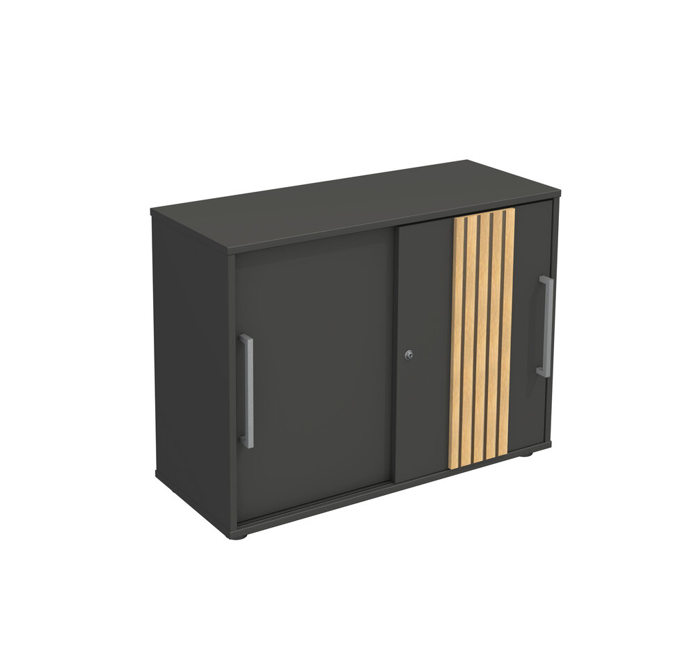 Compact antraciet sideboard Oxford 100cm met akoestische lattenwand schuifdeuren