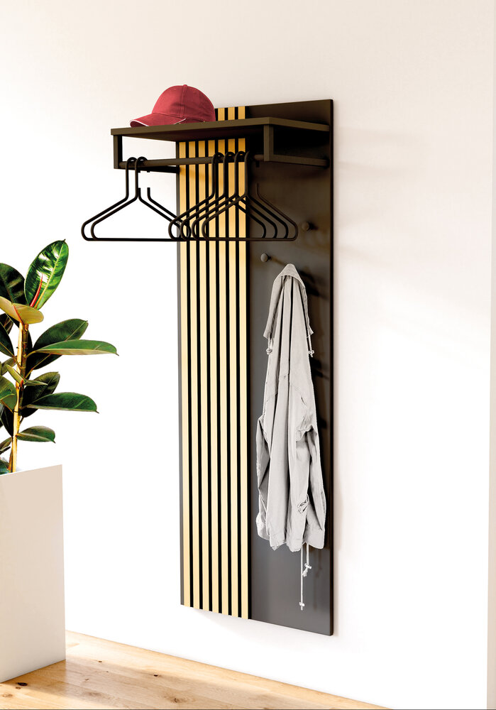 Luxe antraciet wandkapstok Oxford met eiken latjes en hoedenplank