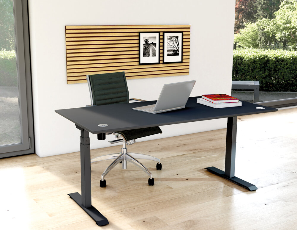 Twee horizontaal gekoppelde Oxford wandpanelen gemonteerd als stijlvolle achterwand boven een modern bureau