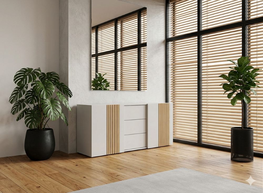 Groot wit kantoordressoir Oxford 160cm met push-to-open lades en akoestische deuren sfeer