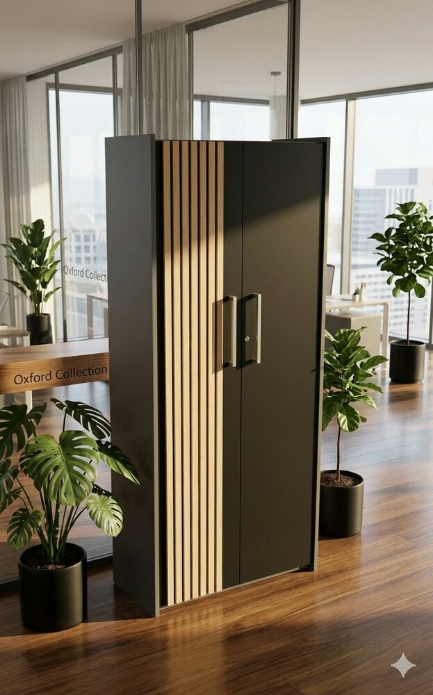 Hoge kantoorkast Oxford met akoestische latjeswand eiken antraciet sfeerbeeld