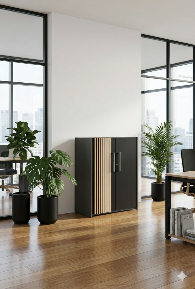 Luxe dressoir Oxford antraciet met akoestische deuren eiken latjes 111cm hoog sfeerbeeld