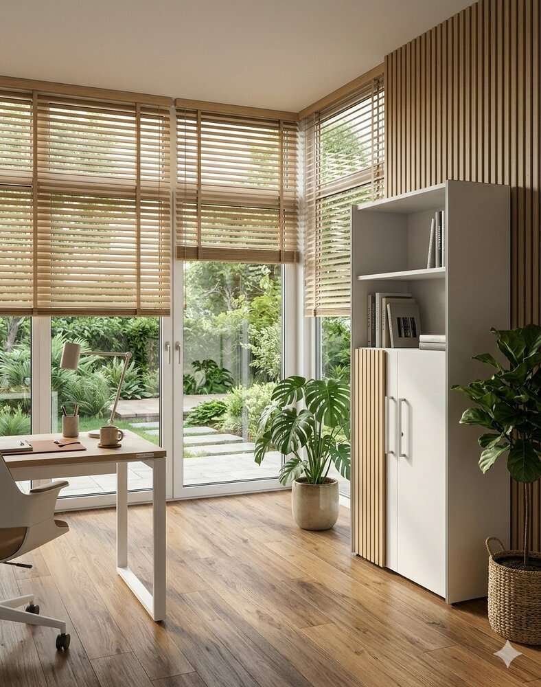 Half open kantoorkast Oxford wit met akoestisch latjes opaneel in thuiskantoor