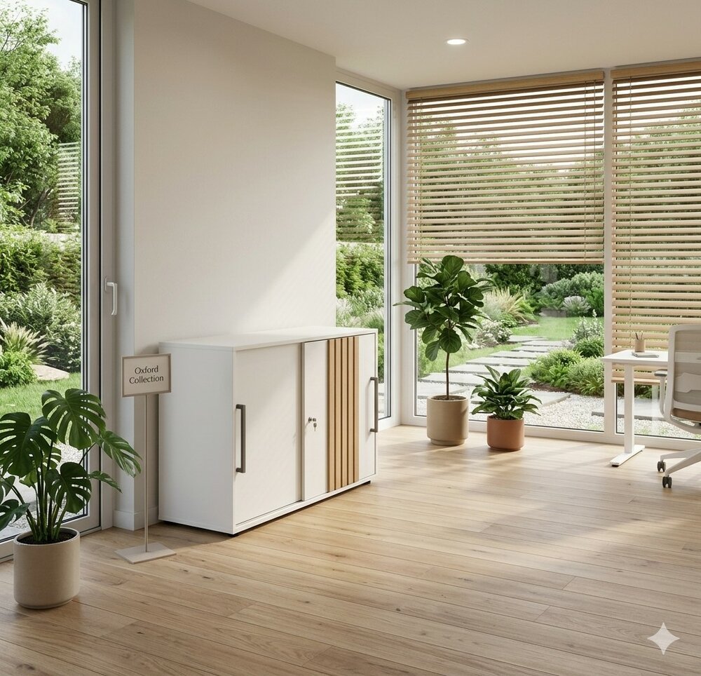 Sideboard Oxford wit met akoestisch latjespaneel in thuiskantoor