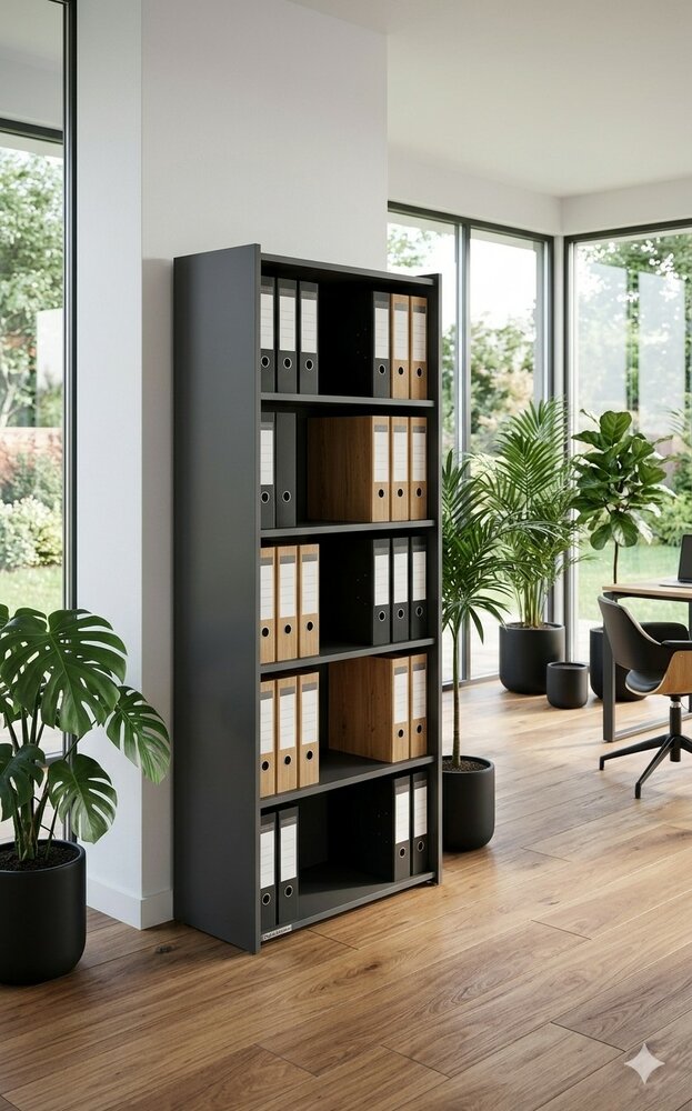 Hoge open kast Oxford zwart in kantoor situatie