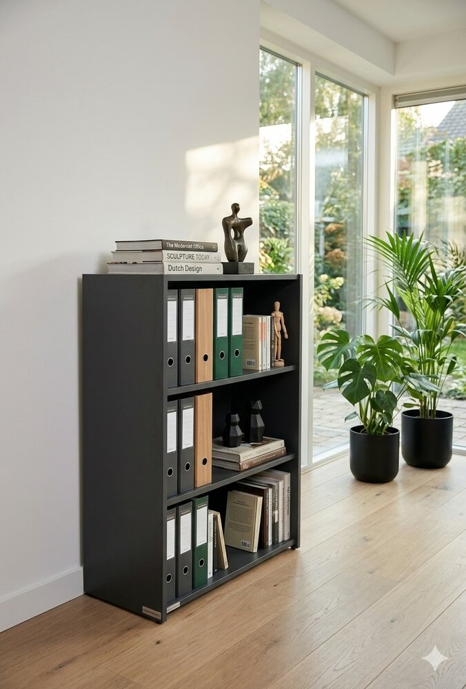 Lage open kast Oxford zwart in sfeervolle kantoor situatie