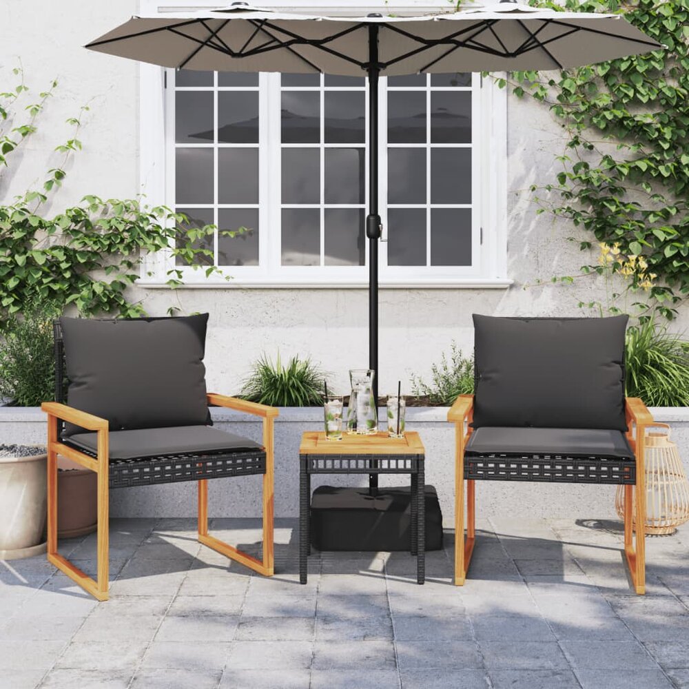 Bistroset Mantra met kussens poly rattan en acaciahout zwart