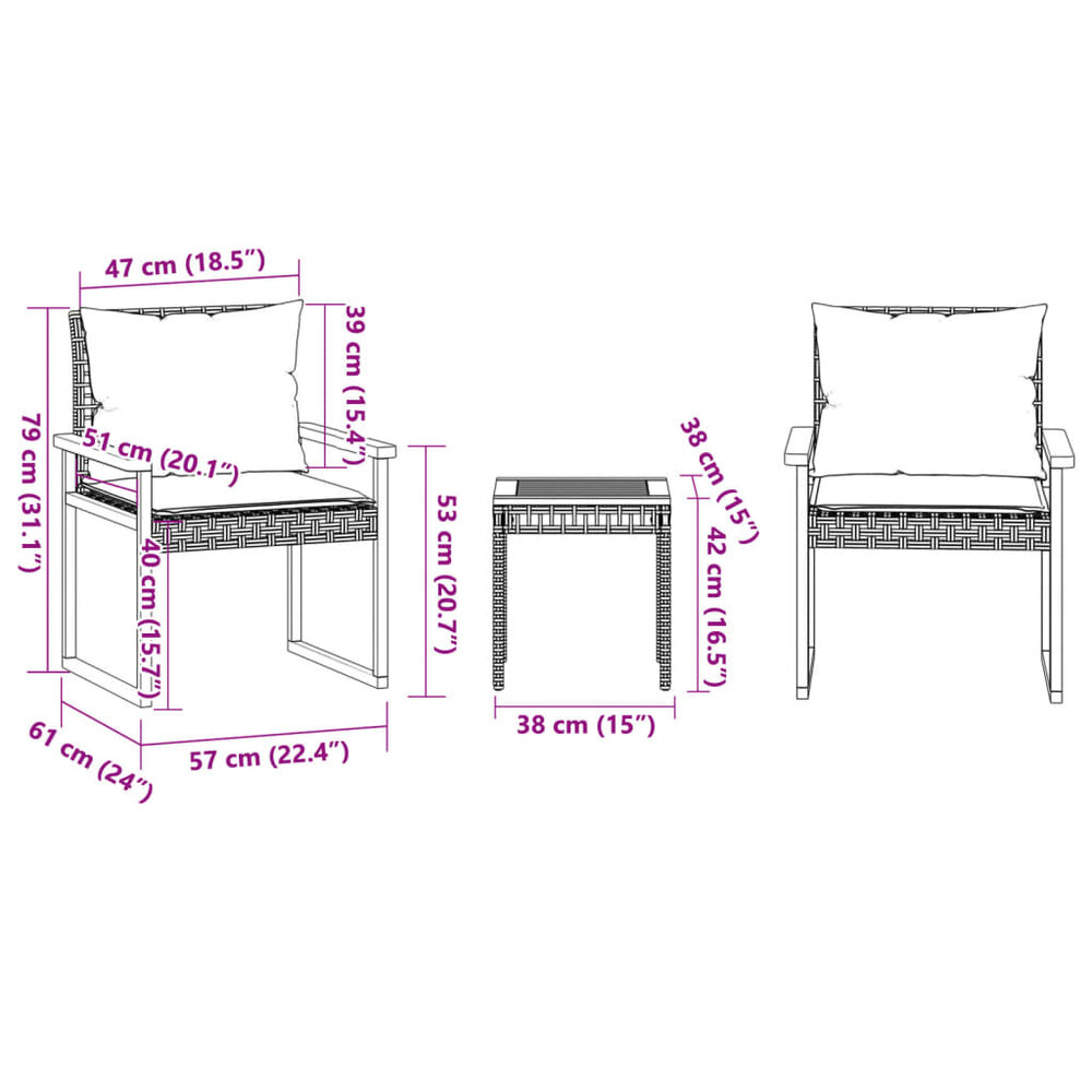 Bistroset Mantra met kussens poly rattan en acaciahout zwart