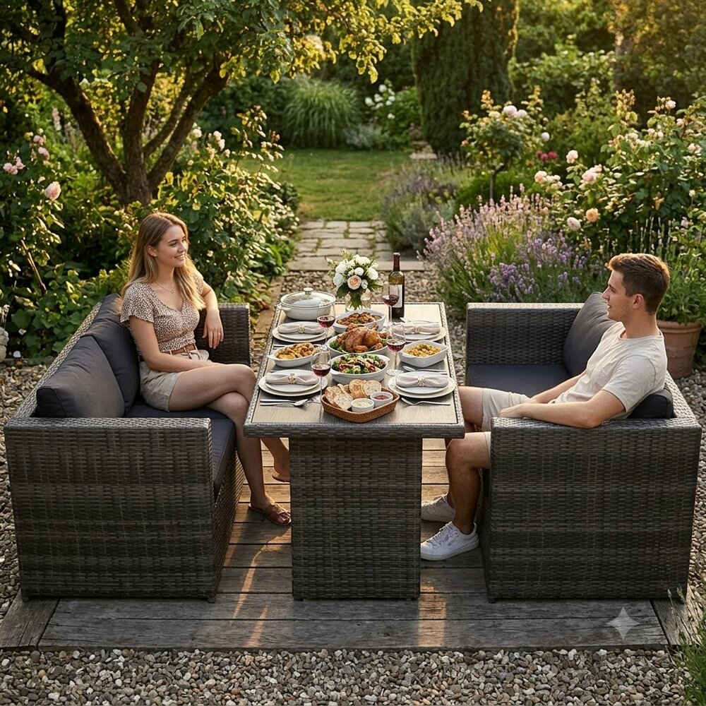  Loungeset Dining met kussens poly rattan grijs