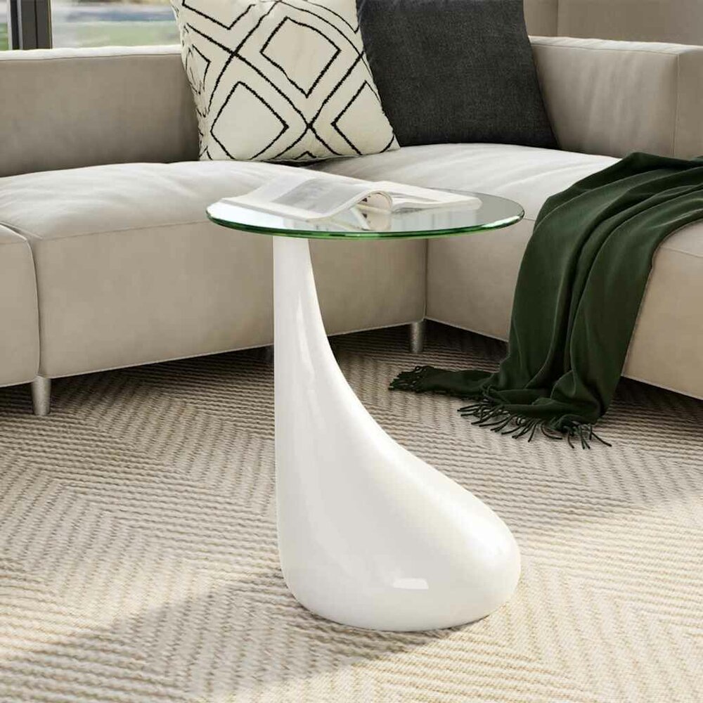 Salontafel Raindrop met rond glazen tafelblad hoogglans wit