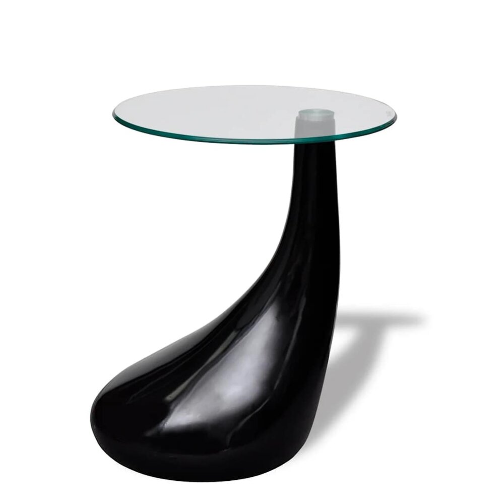 Salontafel Raindrop met rond glazen tafelblad hoogglans zwart zijaanzicht