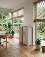 Lage Archiefkast Oxford wit met akoestisch latjes paneel in thuiskantoor