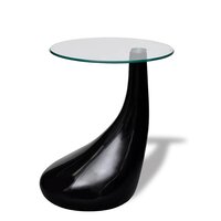 Salontafel Raindrop met rond glazen tafelblad hoogglans zwart zijaanzicht