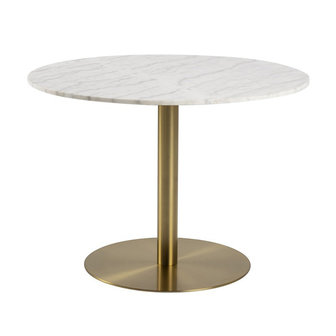 Meubelen-Online - Eettafel Ming rond 105cm wit marmer met brass voet