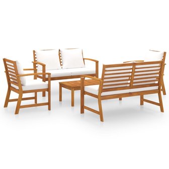 Loungeset Whoopy - 5 delig - met creme kussens - hout bruin