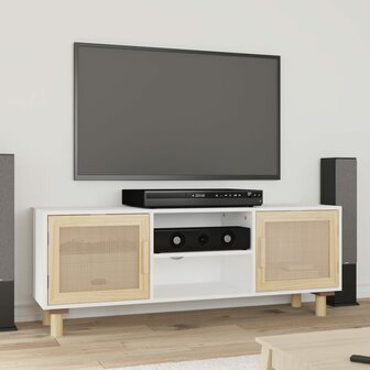 Tv-meubel Manu 105x30x40 cm massief grenenhout en rattan wit