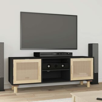 Tv-meubel Manu 105x30x40 cm massief grenenhout en rattan zwart