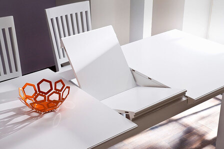 Eettafel wit hout uitschuiftafel Wittevilla mechanisme
