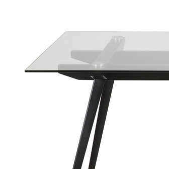 Eettafel Monti tafel helder glas met zwart metaal detail hoek