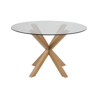 Meubelen-Online - Eettafel Bossa rond glas met houten poten zijaanzicht