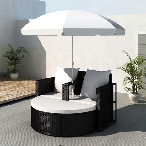 Meubelen-Online - Loungebed Marbella set poly rattan met parasol zwart