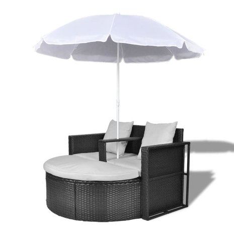 Meubelen-Online - Loungebed Marbella set poly rattan met parasol zwart