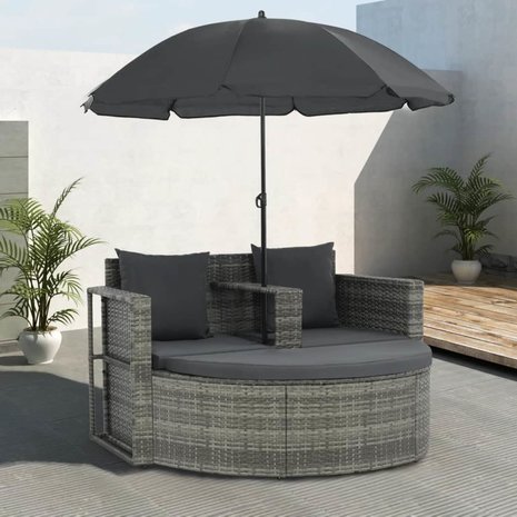 Meubelen-Online - Ligstoel tweezits met kussens en parasol poly rattan grijs