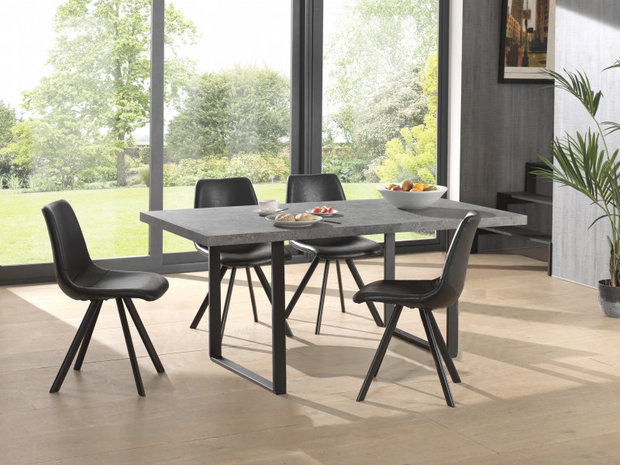 Eethoek Wilfred tafel beton look met vier stoelen