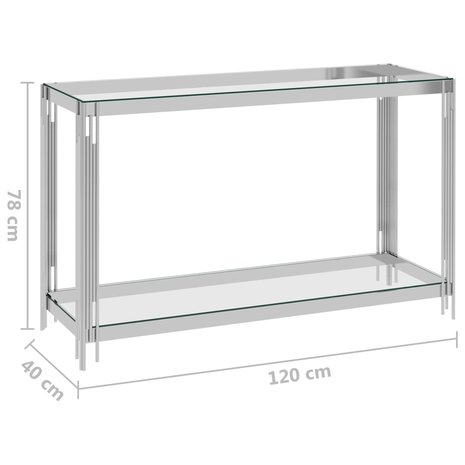 Bijzettafel 120x40x78 cm roestvrij staal en glas zilverkleurig