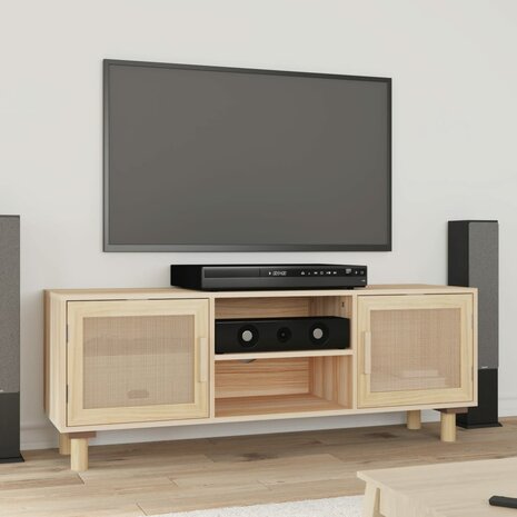 Tv-meubel Manu 105x30x40 cm massief grenenhout en rattan bruin