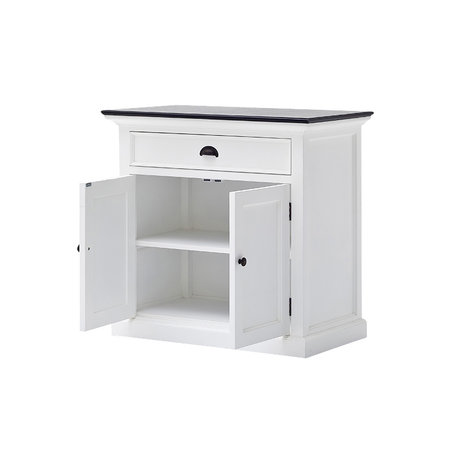 Nova solo Buffetkast Landhuis wit met zwart blad 2 deuren 1 lade deuren open