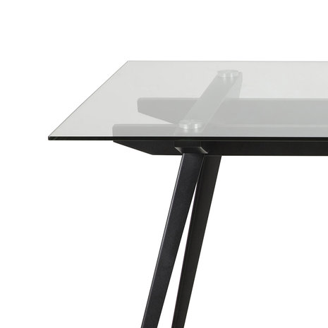 Eettafel Monti tafel helder glas met zwart metaal detail hoek