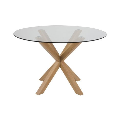 Meubelen-Online - Eettafel Bossa rond glas met houten poten zijaanzicht