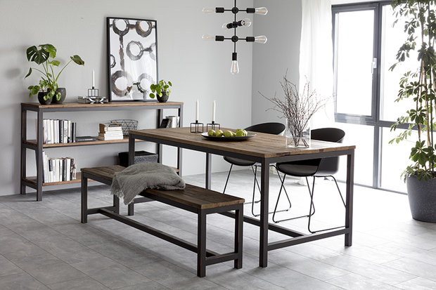 Meubelen-Online - Eettafel Vintage 90x180cm hout met metaal sfeer