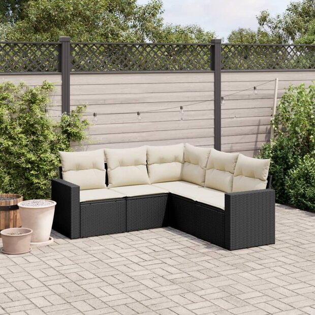 Loungeset Dino Met Kussens Poly Rattan Zwart en cr&egrave;me kussens
