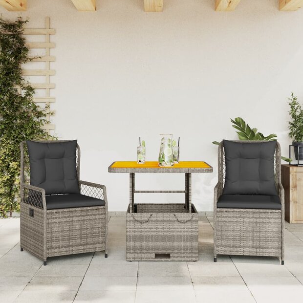 3-delige Tuinset Luxus met kussens poly rattan grijs
