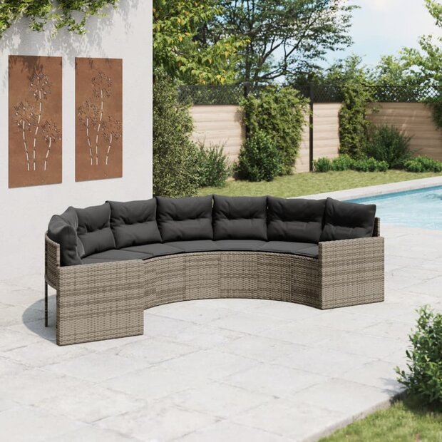 Tuinbank Rondo met kussens halfrond poly rattan grijs
