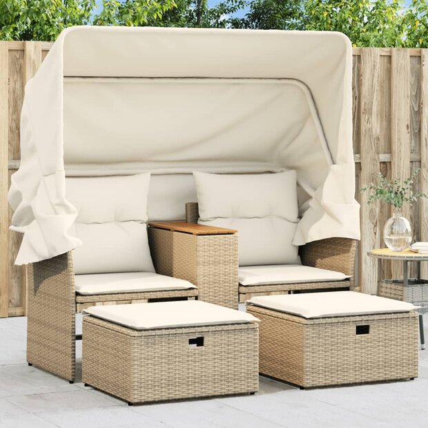 Tuinbank Miranda 2-zits met luifel en voetenbanken poly rattan beige
