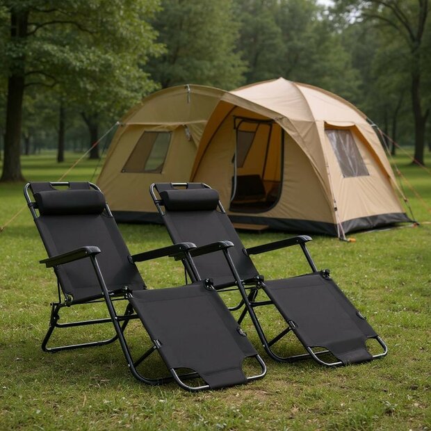 Meubelen-Online - Ligstoel Holidays inklapbaar set 2 st met voetensteun staal zwart