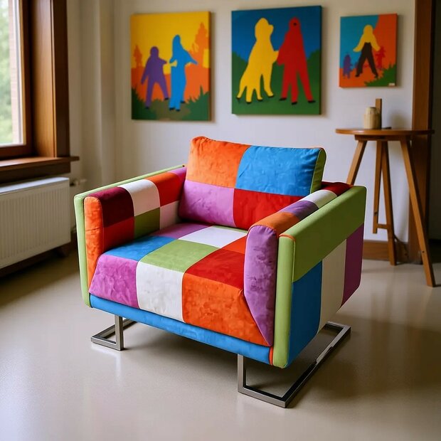 Fauteuil Muze met patchwork ontwerp en verchroomde poten kubus stof