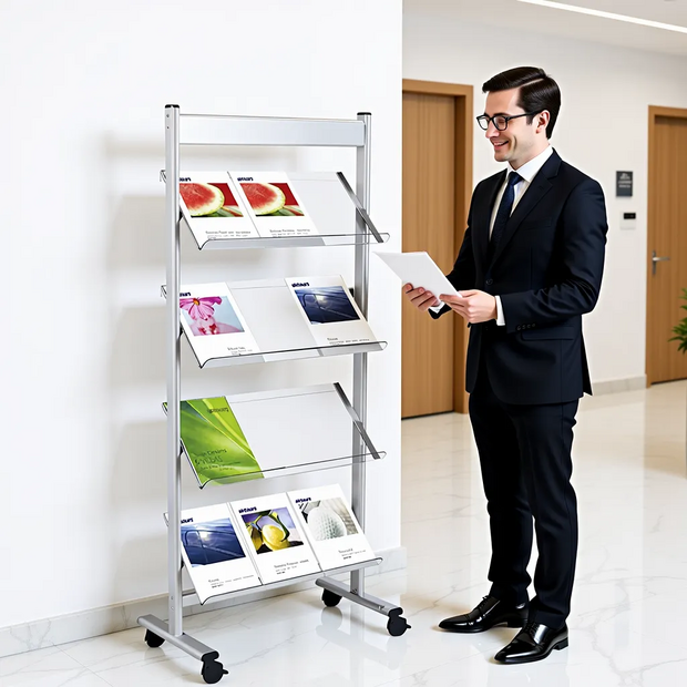 Kerkmann - Folderhouder Switch medium vloer display op wielen alle planken schuin