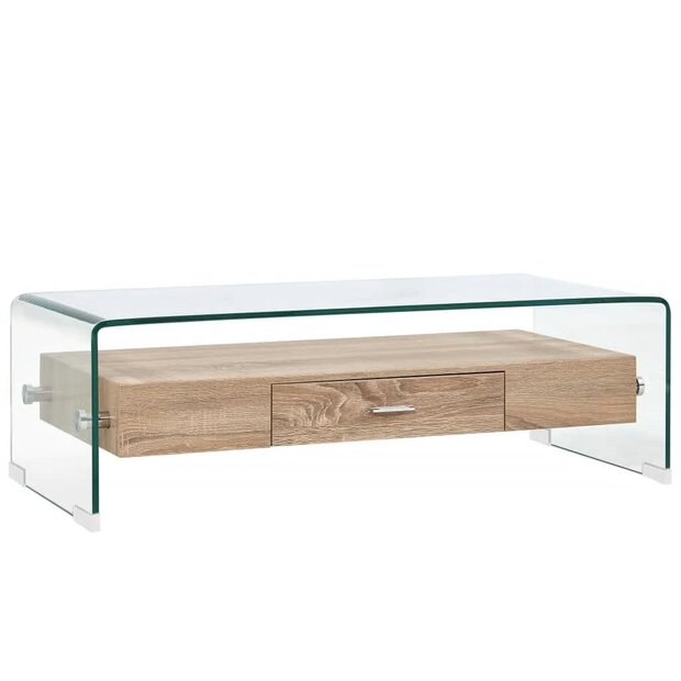 Salontafel James 98x45x31 cm gehard glas transparant met houten onderblad