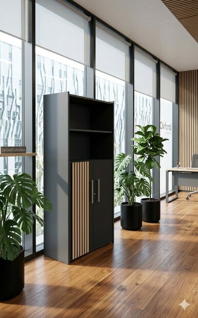 Half-open kantoorkast Oxford antraciet met eiken latjes en open vakken sfeerbeeld