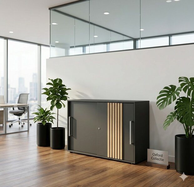 Sideboard Oxford zwart met akoestisch paneel in sfeer situatie