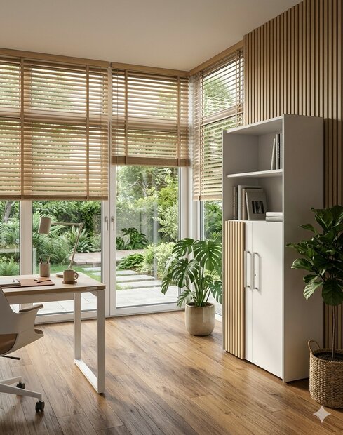 Half open kantoorkast Oxford wit met akoestisch latjes opaneel in thuiskantoor